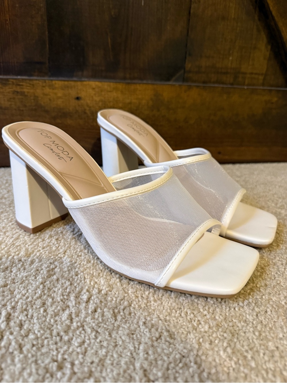 TOP Moda White Mesh Square Toe Block Heel Mules